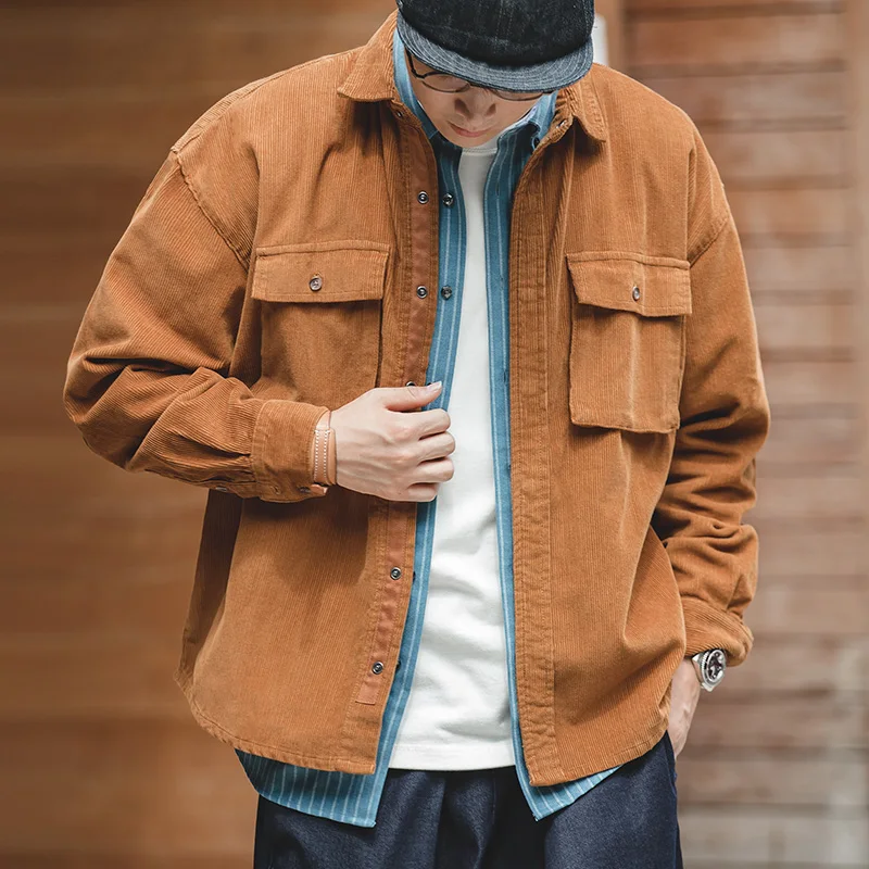 

Maden Loose Fit Corduroy Jaet Men's Spring Outerwear irt Retro Sle Single Button ket Casual Youth Faion