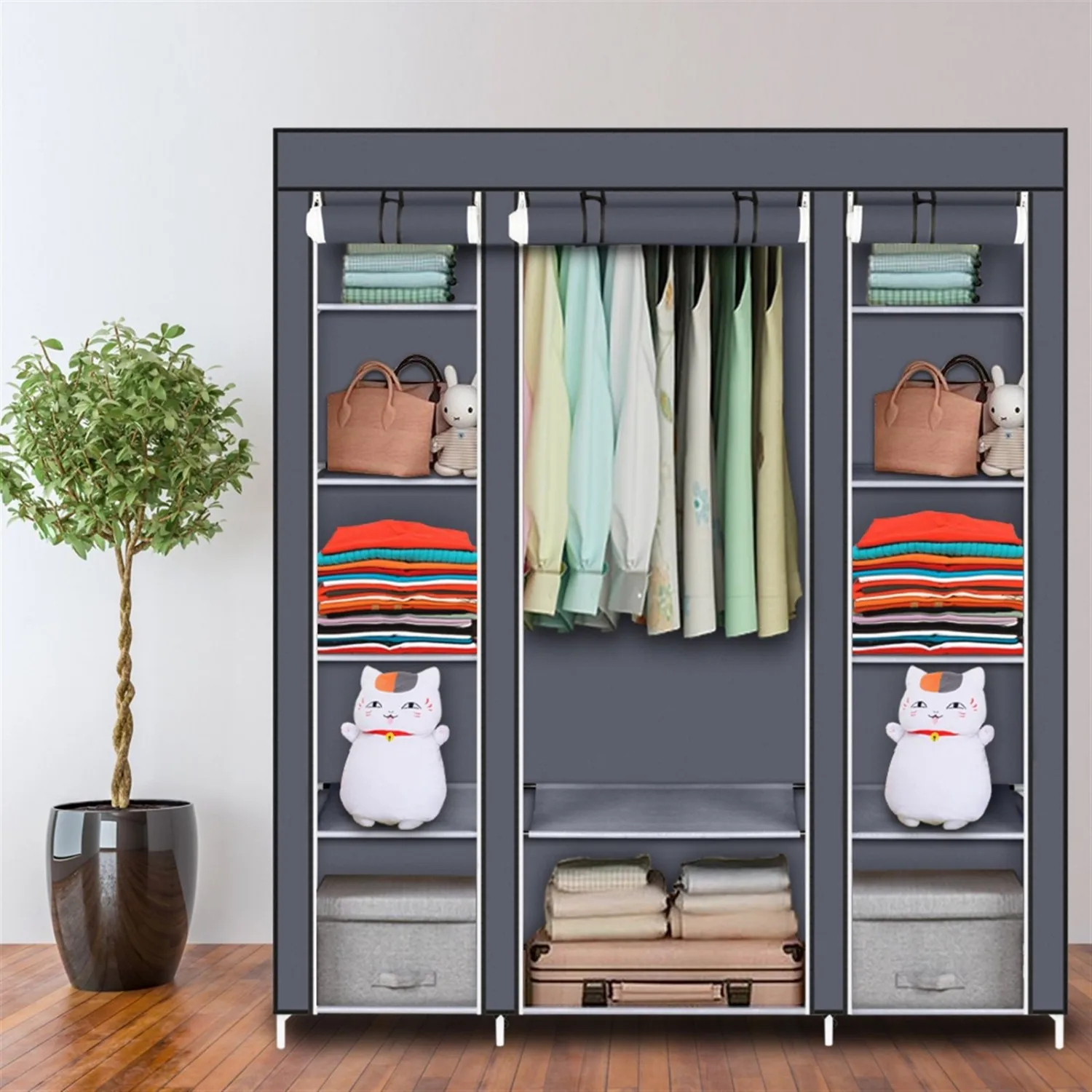 

69" Portable Clothes Closet Wardrobe Organizer with Non-Woven Fabric Quick and Easy to Assemble Extra Strong and Durable Gray
