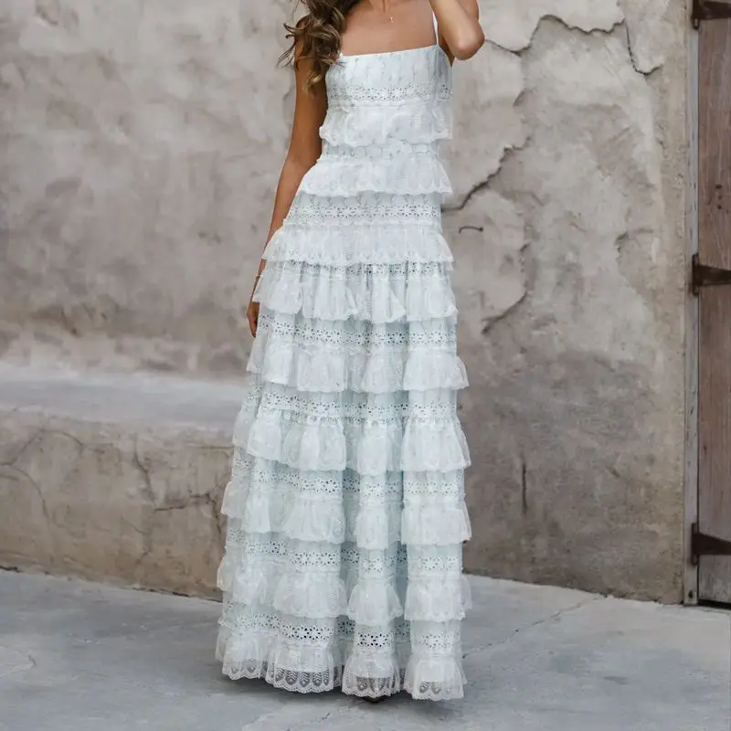 Combhasaki 女性の夏の調節可能な薄いショルダーストラップノースリーブスクエアネックレースパッチワーク Patchwoek A ラインキャミロングドレス