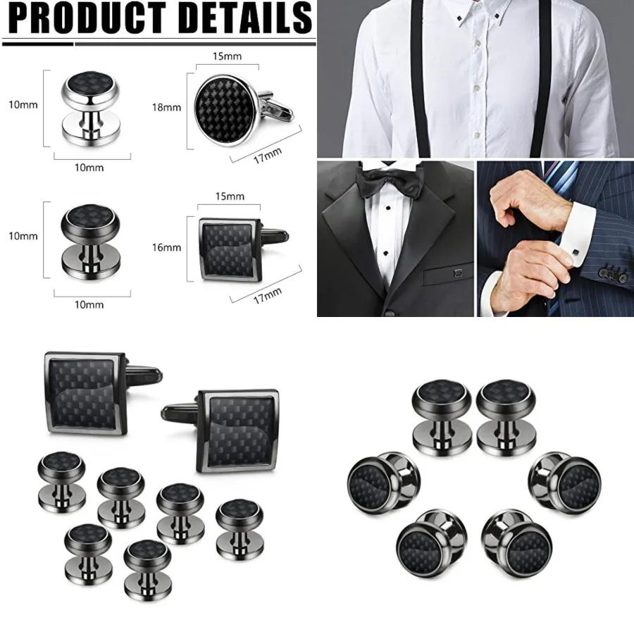 

8pcs Mens Carbon Fiber Cufflinks and Shirt Studs Set Tuxedo Shirts Business Wedding Silver Black Gold Tone, 8pcs black tone