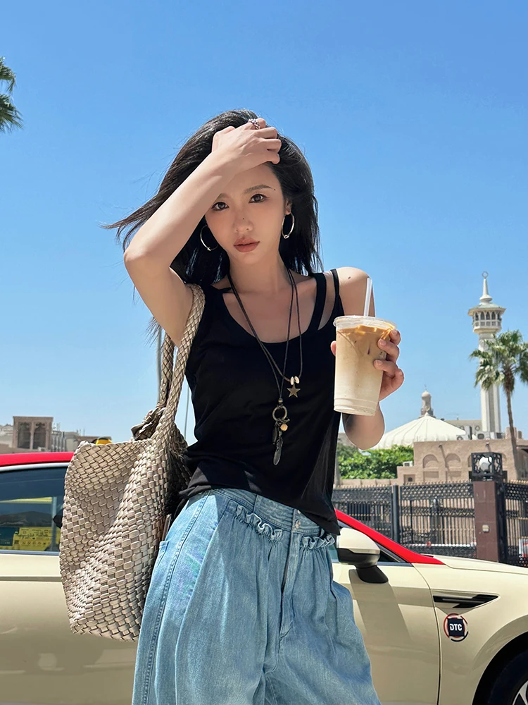 

ZQ Bla Linen Asymmetric Design Strap Vest Women's Summer Slimming Svel T-irt Simple Sli New Arrival