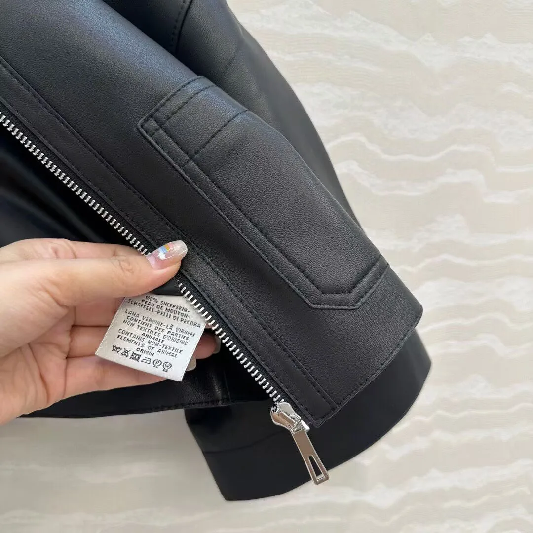 Manteau de luxe en cuir de mouton pour femme, Design court, col rond, demi-manches, fermeture éclair, court, Vintage, élégant, solide, 100%