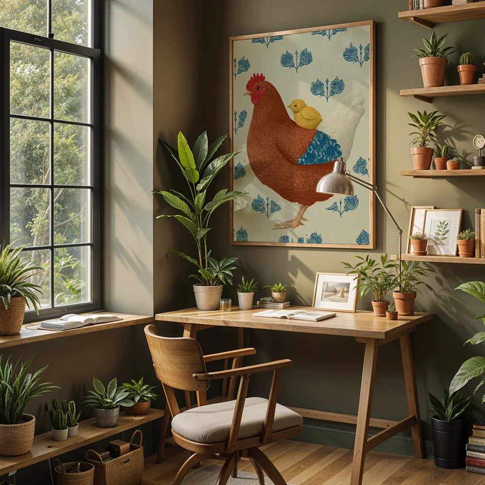 Vintage Abstract Hen Carrying Chick Canvas Wall Art, Poster Hanging For Living Room Bedroom