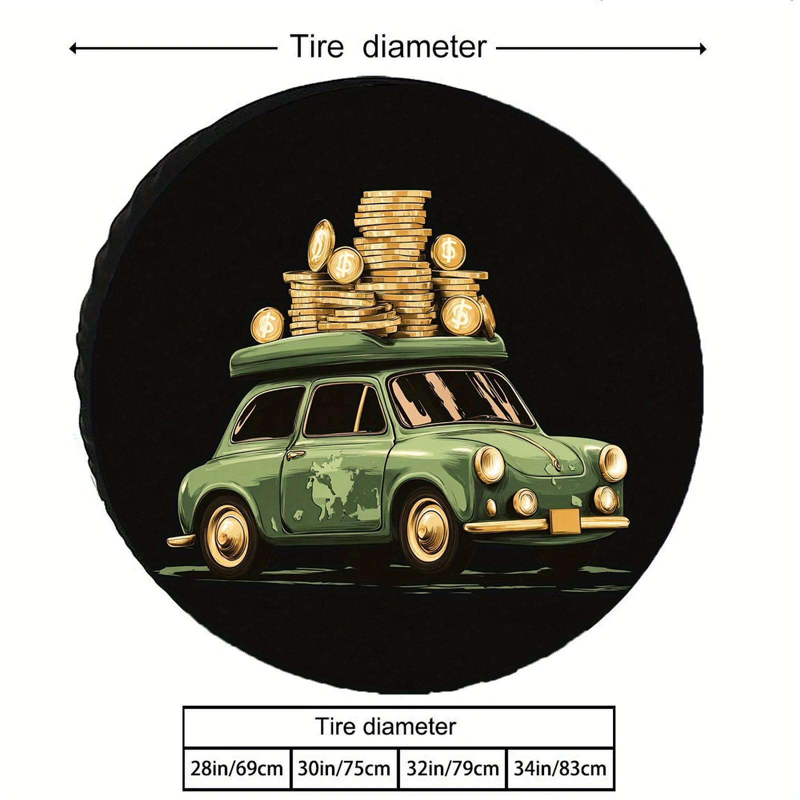Golden Coin Spare Tire Cover, Featuring A Vintage Green With A Stack Of Golden Coins On Top. This Fun And Wealth-themed Design