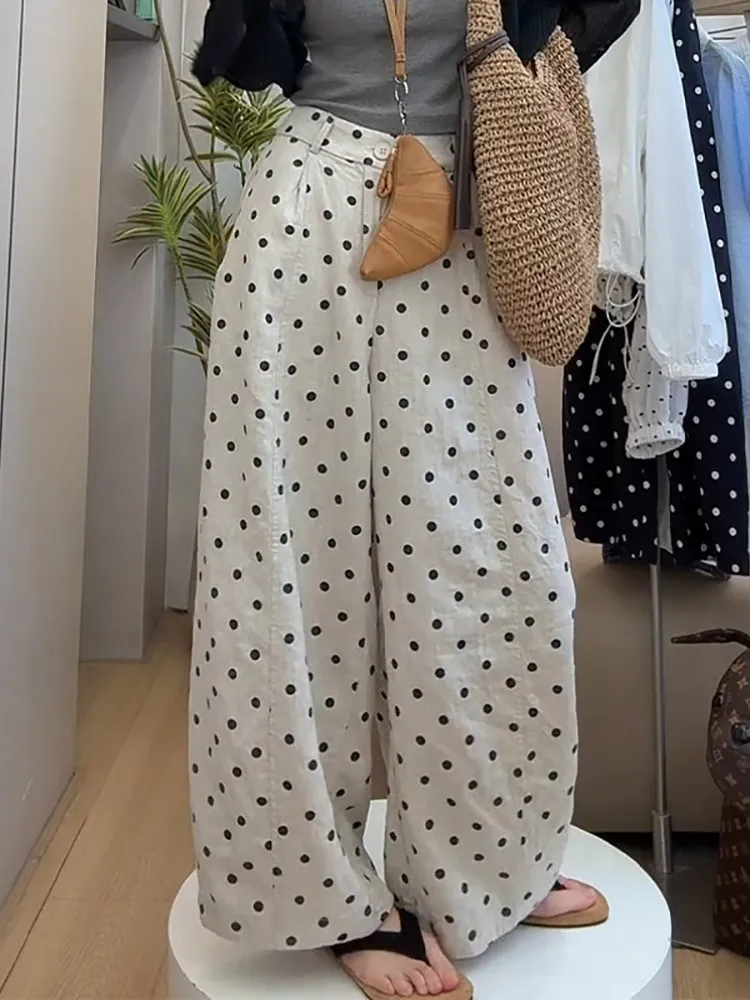 

2026 Summer New Style Women's Casual Pants Polka Dot Wide Leg High Waist Straight Cut Commute Fashion Korean Design Trendy