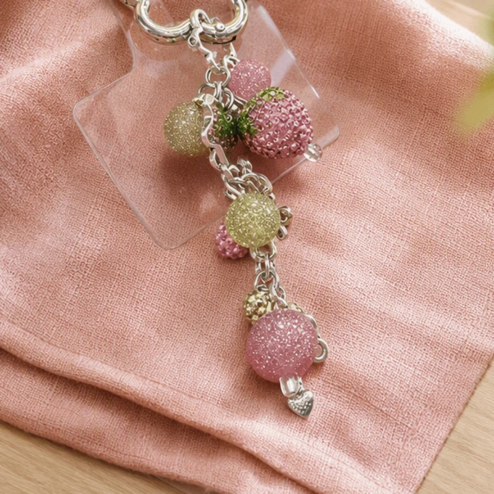Lovely Alloy Strawberry Keychain Pink Sparkling Phone Charm Flower Hardware Bead Bag Charm Girls