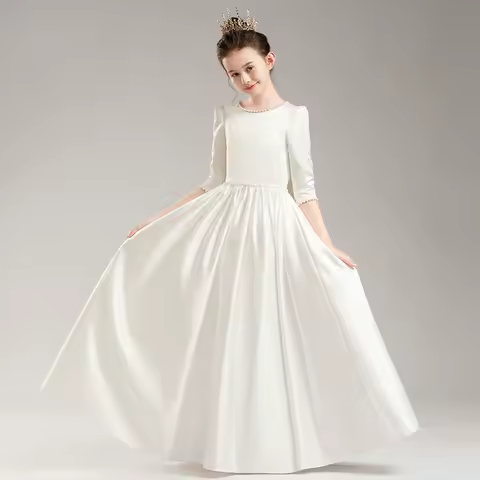 Children's Evening Dress White Mid-Sleeve Girls Birthday Flower Girl Dress Little Girl Host High-End Piano Performance Princess