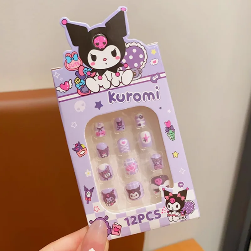 Sanrio Hello Kitty12Pcs Kuromi Melody Pochacco Kids False Nail 11-15Mm Cartoon Short Girl Fake Nail Tips Press On Nail Girl Tips