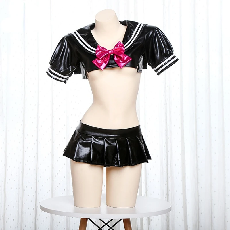 Anime Pu Leather Sailor Suit Cute Female Student Uniform Japanese Bow Sweet Girl Costume Cosplay Mini Skirt Set Out Outfits