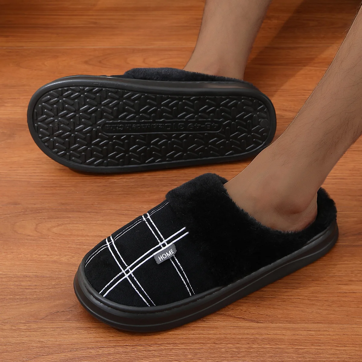 Winter Home Slipper Man Warm Fuzzy Fur Plush Non Slip Indoor Male Lazy Footwear Bedroom House Room Shoe Grip Flat Plaid Big Size