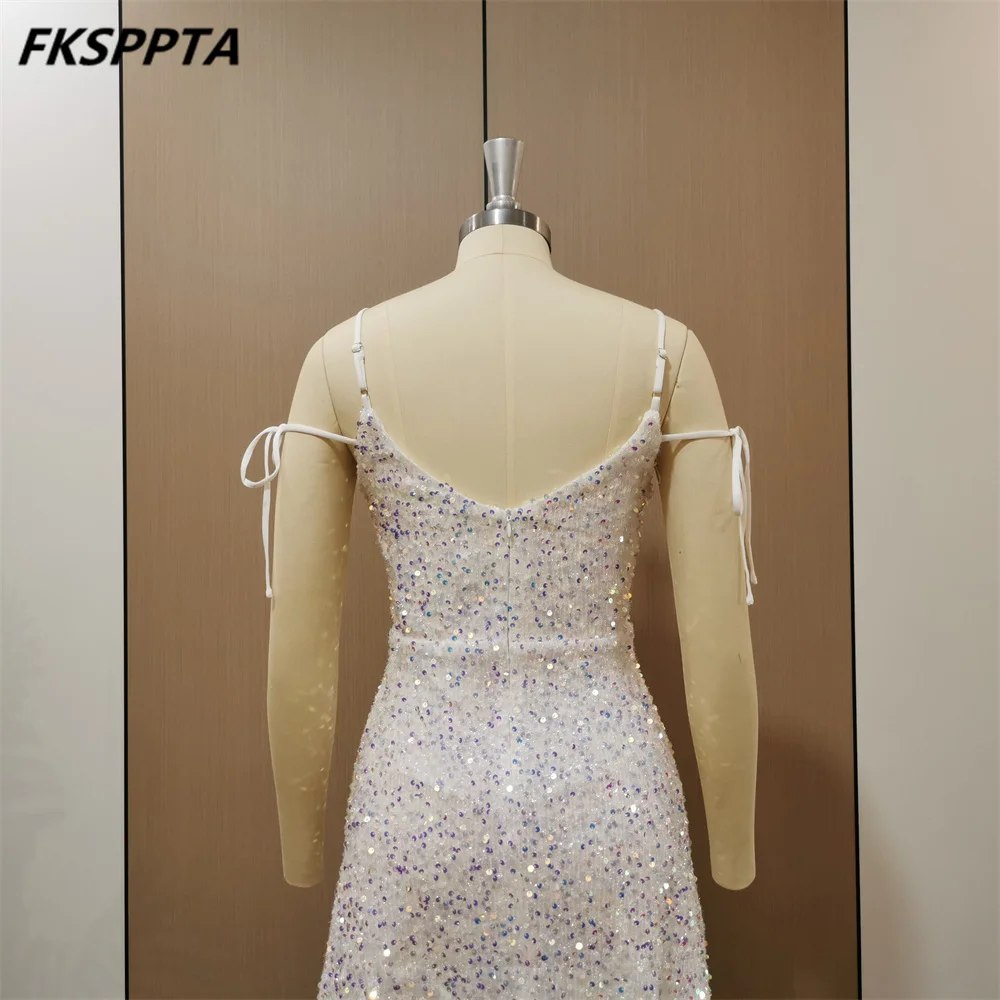 Vestidos de graduación cortos blancos, lentejuelas brillantes, línea A, hasta la rodilla, tirantes finos, Sexy, vestidos de fiesta de regreso A casa, nuevo, en Stock