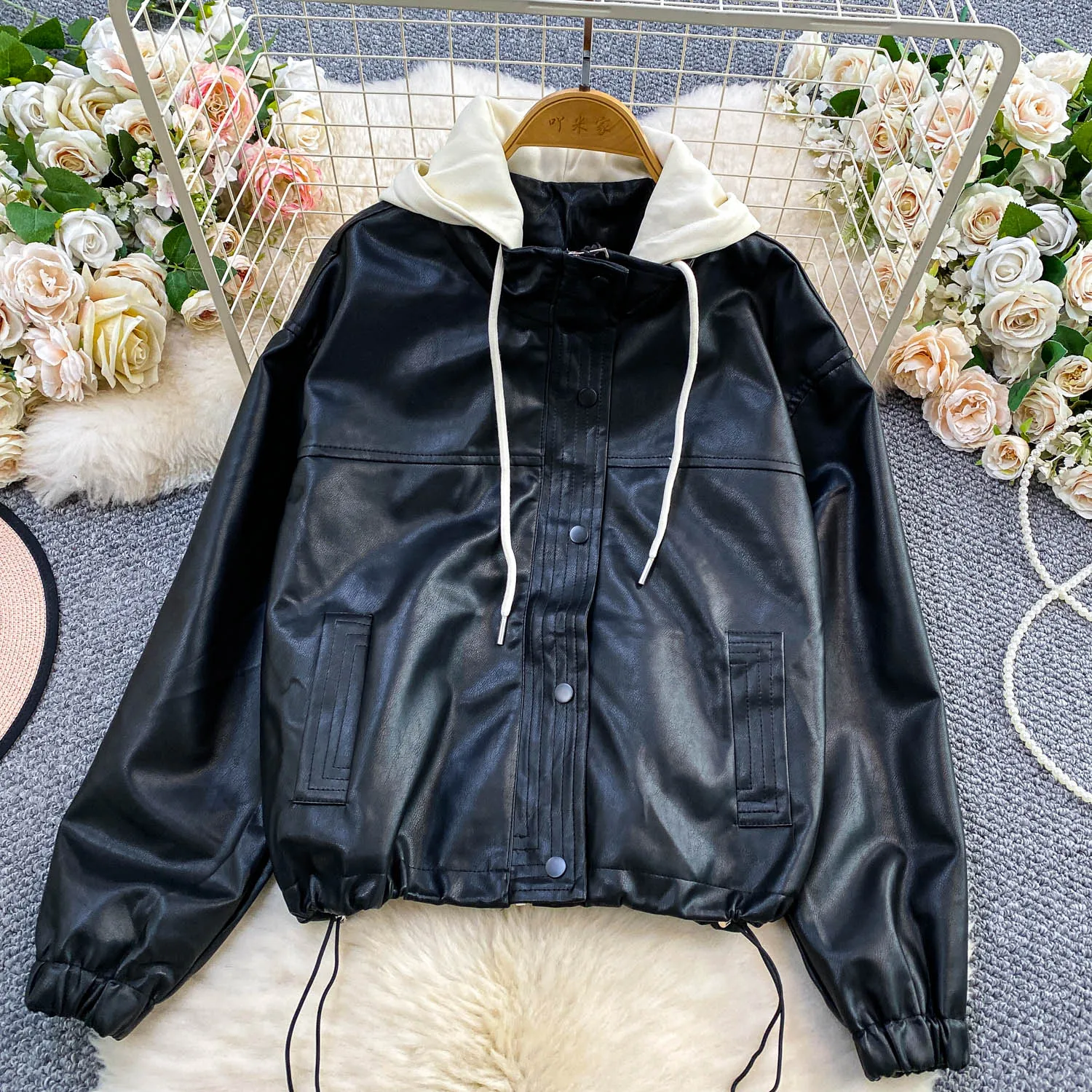 

Женское пальто из искусственной кожи с капюшоном в стиле ретро, уличная одежда, повседневная куртка контрастного цвета на шнурке, свободное универсальное пальто на молнии для пикантных девушек