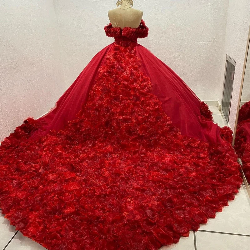 ANGELSBRIDEP Red Quinceanera Dresses 3D Handmade Flowers Formal Prom Graduation Ball Gowns Straps Beaded Sweet 15 Years Old