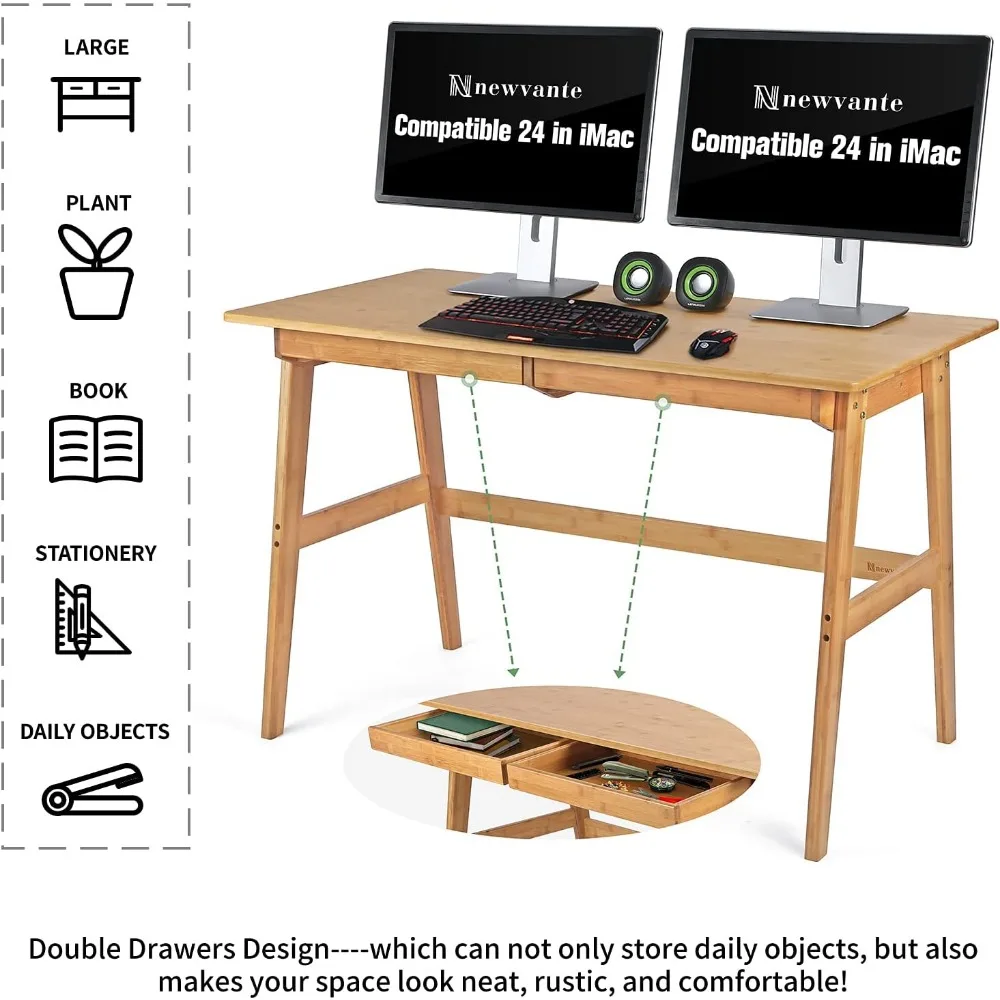 Modern Bamboo Desk with 2 Drawers, Home Office Furniture, Simple Study Table for Makeup & Workstation