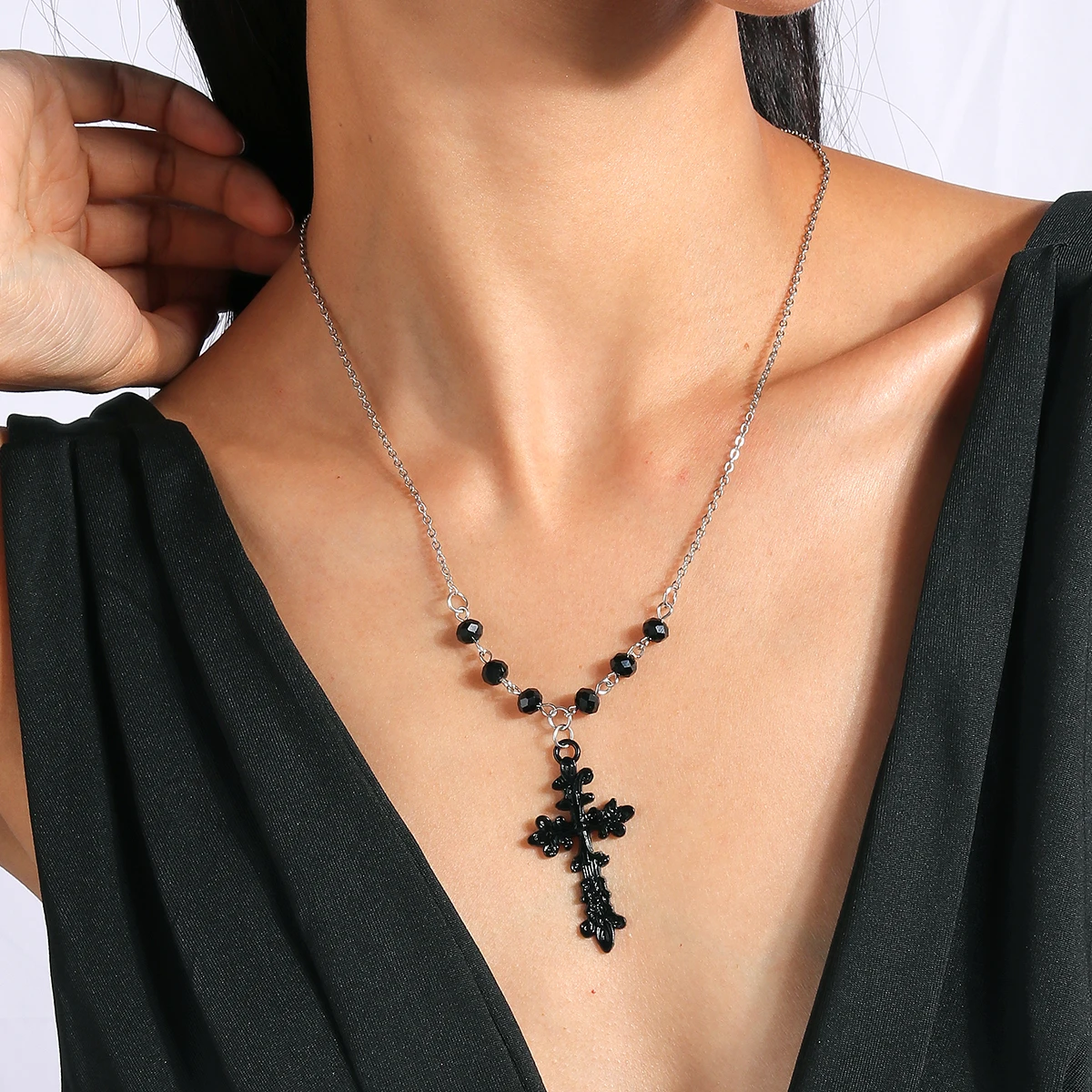 Vintage Kreuz Anhänger Halskette für Frauen Gold Silber Farbe Mehrschichtige Ovale Perlen Kette Halskette Minimalismus Weiblichen Schmuck – Detail 24