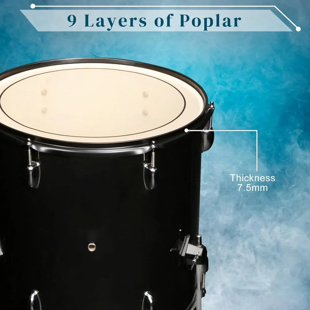 مجموعة طبول للبالغين مقاس 22 بوصة، مجموعة طبول كاملة الحجم مكونة من 5 قطع مع حوامل الصنج، وحامل القبعة العالية، والعصي، ودواسة الطبل #6