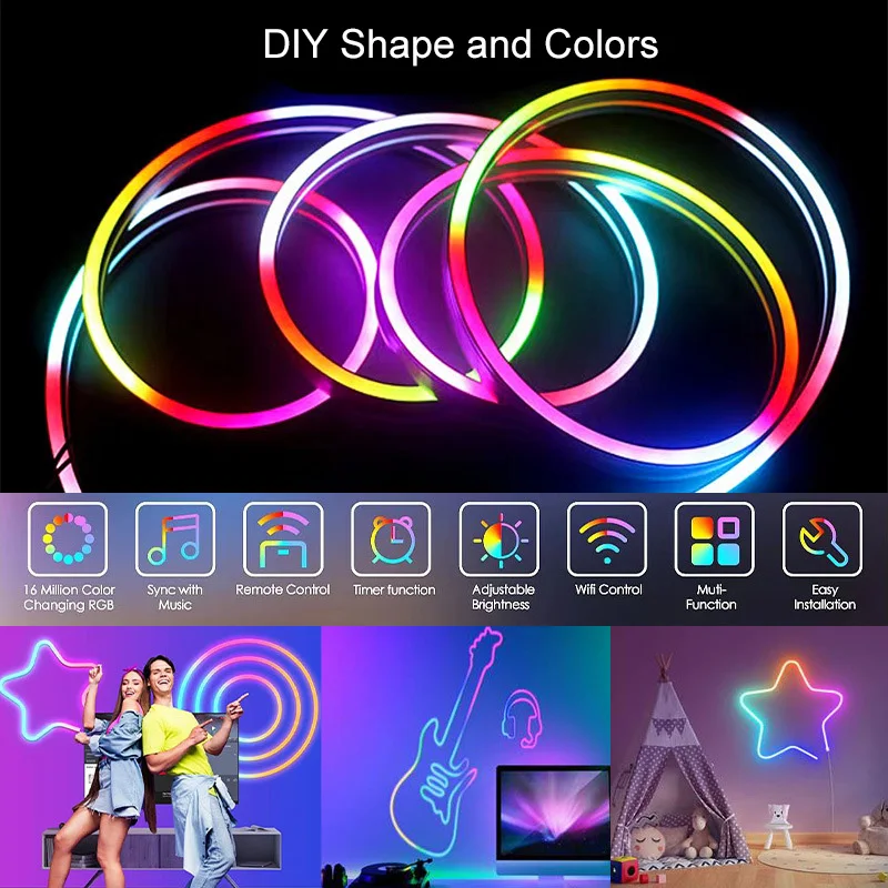 Bluetooth Neon LED Strip Lights 5V Waterproof RGBIC Neon Rope Lights with Music Sync Dreamcolor Chasing Strip Tape for Room