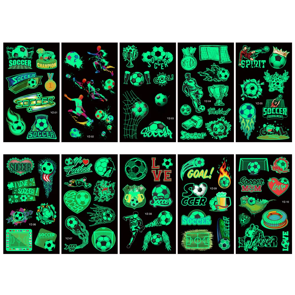 

10 Sheets/Set Luminous Tattoo Stickers Children Cartoon Football Temporary Tattoos Glow Paste on Face Arm Leg for Kids Gift