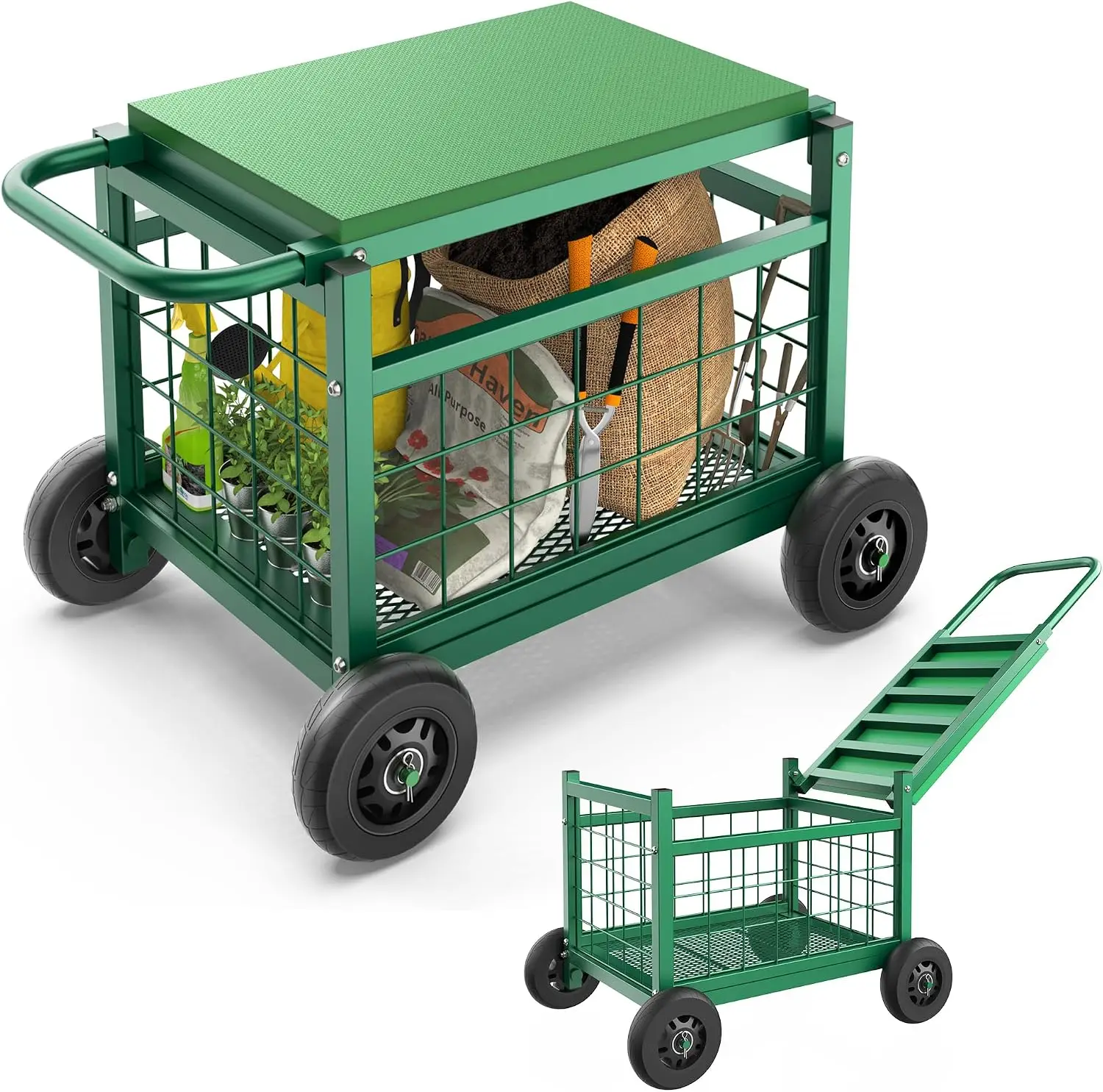 Garden Cart With Rolling Seat And Wheels, Heavy Duty Garden Work Seat With Large Storage Basket, Multifunctional Lawn Patio Utility Wagon For Seniors, Green