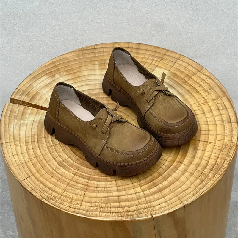 Brown Retro Village Style Women's Cowhide Shoes Platform All Genuine Leather