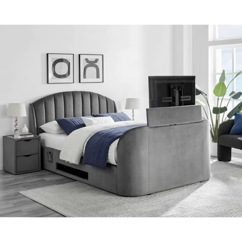 

Queen bed with TV foot pedal King bed frame with storage drawer