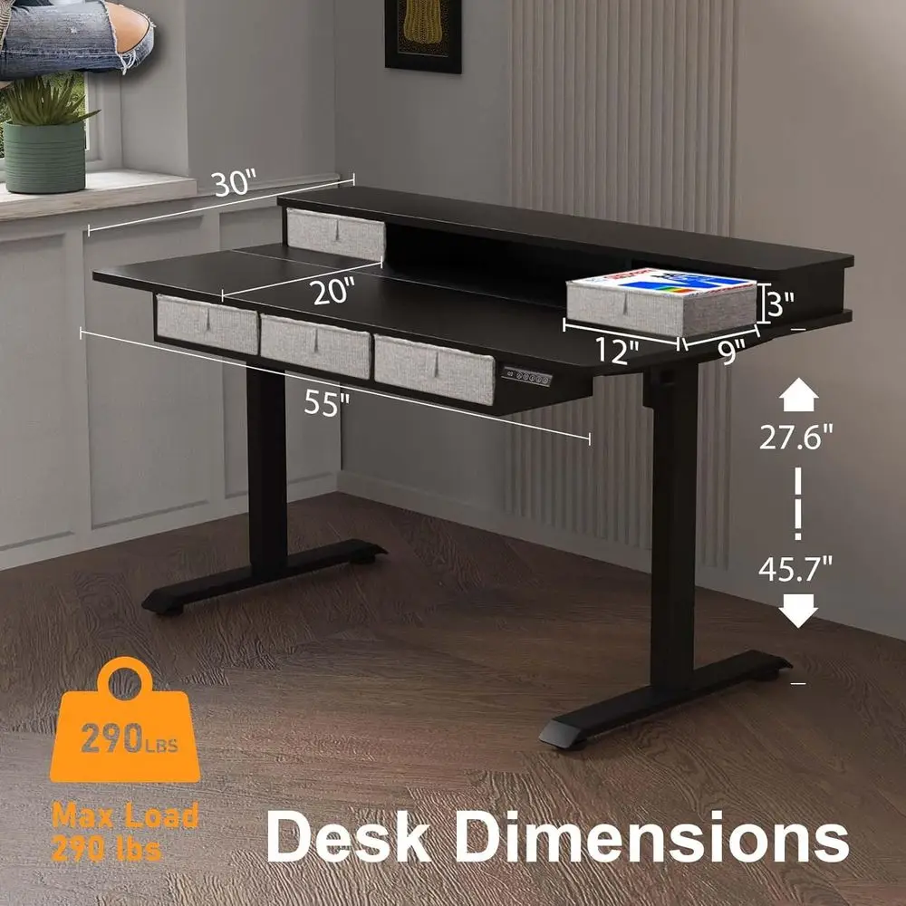 Height-Adjustable Electric Standing Desk with 5 Drawers, 55x30 Wide Desk for Sit-Stand Use, Supporting 290lbs, with Storage and