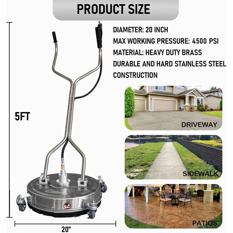 이중 핸들 압력 세척기 표면 클리너, 차도용 4 륜 스테인리스 스틸 표면 클리너, 20 인치