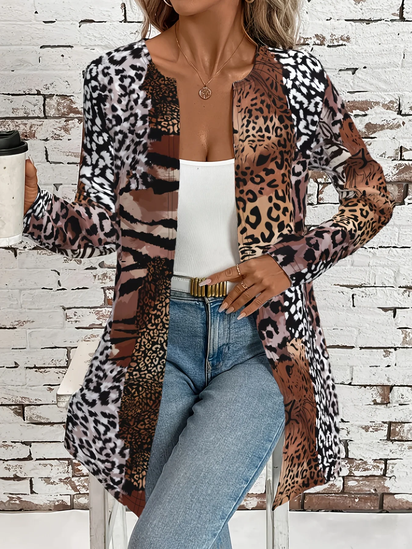 Women's Autumn and Winter Coat, Fashionable and High-End Design, Multi-Color Leopard Print, Long Round-Neck, Long-Sleeved Coat