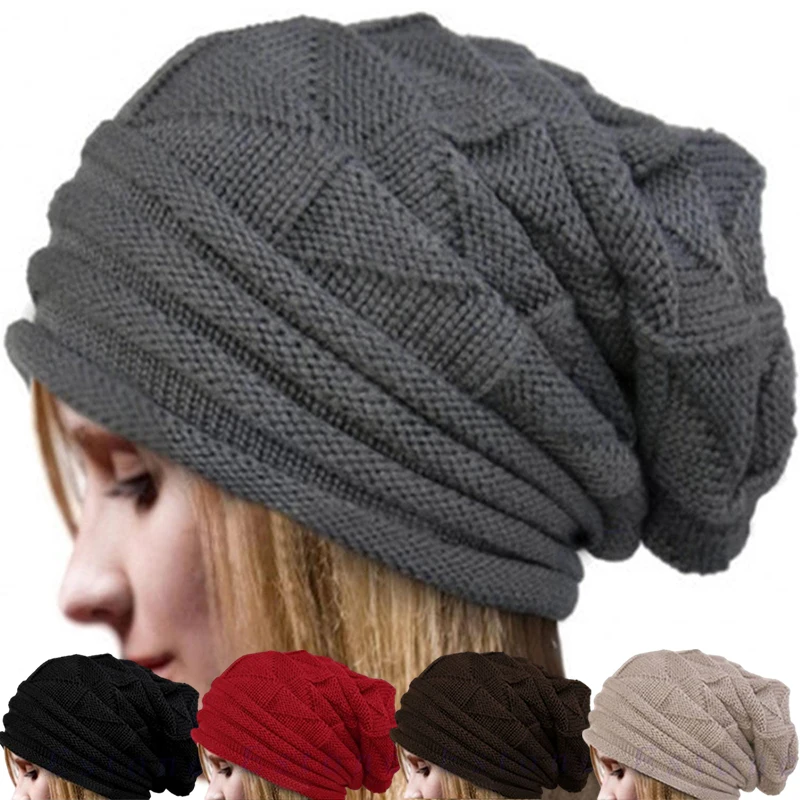 Baggy Slouchy Caps Women Ladies Winter Warm Knitted Beanies Hat Classical Skullies Fordable Woolen Cap Ear Warmer Bonnet Berets