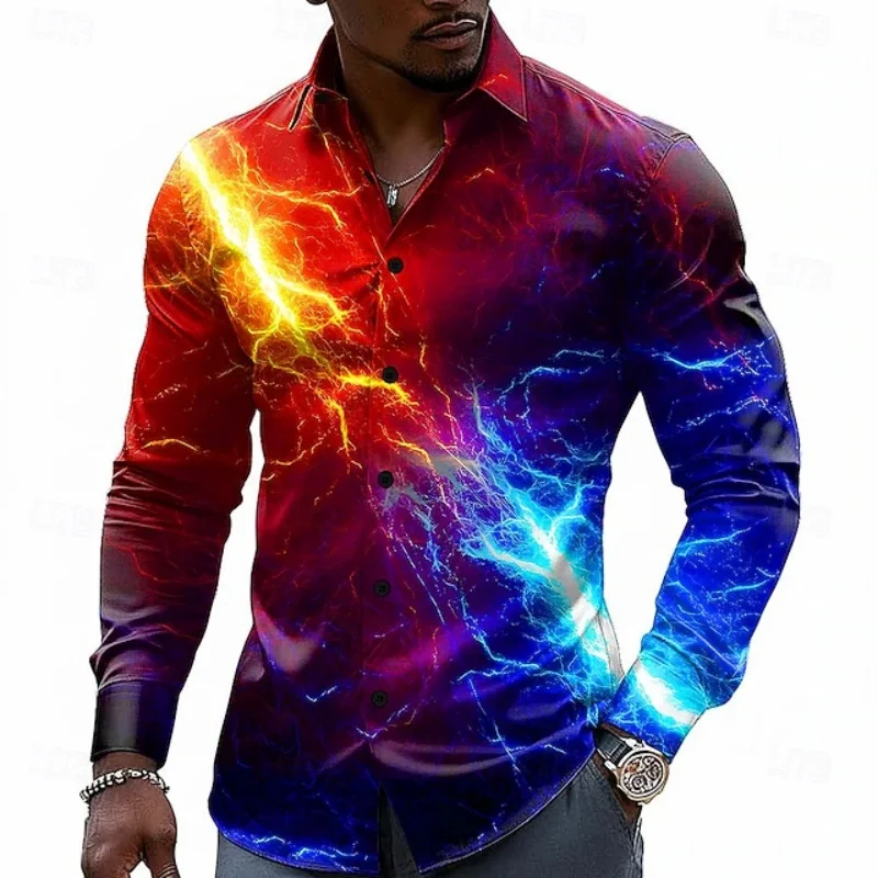 Men's Red and Blue Gradient Lightning 3D Printed Long Sleeve Shirt, European and American Street Party Collar Button Top