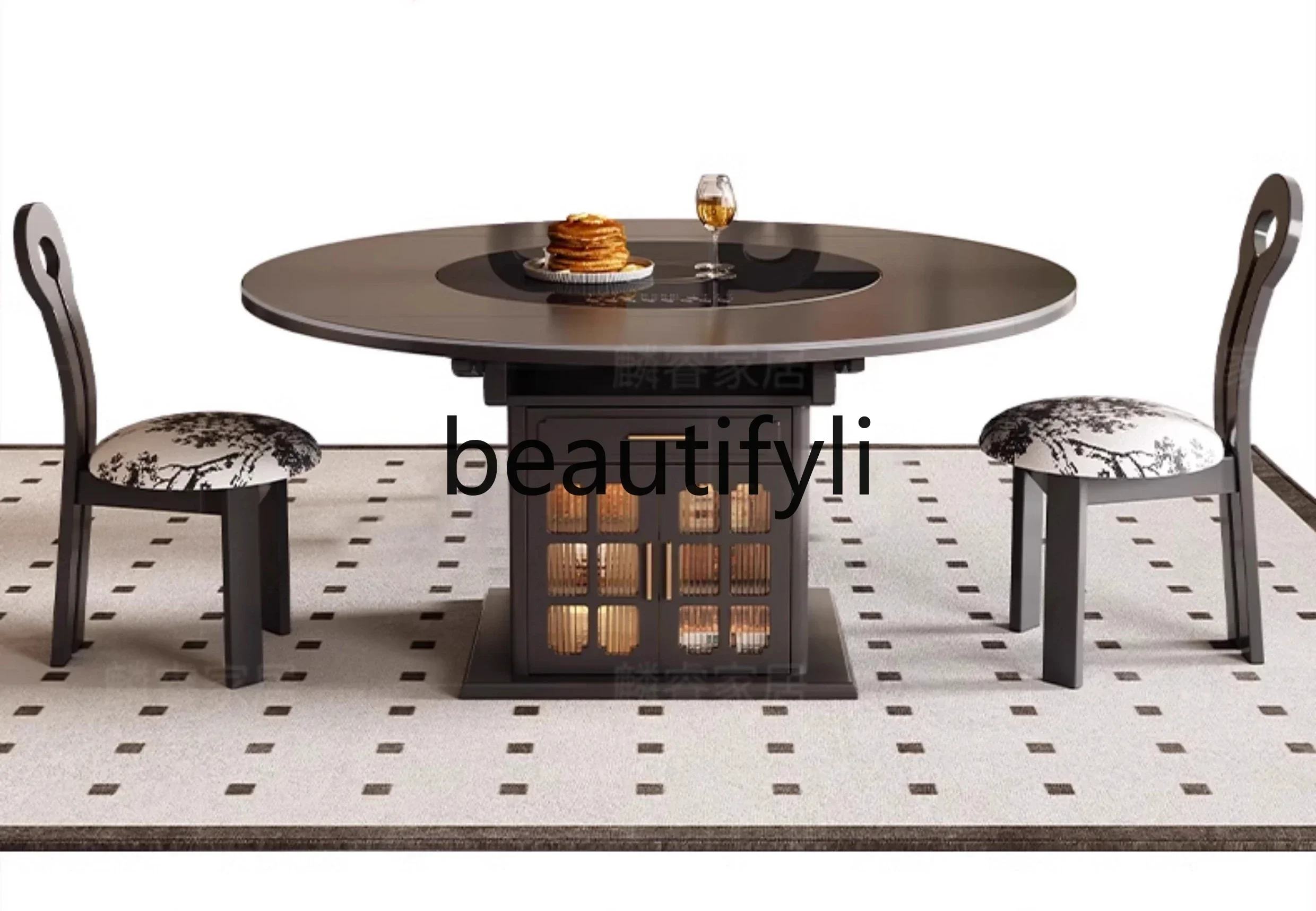 Solid wood antique round table induction cooker vegetable warming turntable retractable rock slab dining table and chairs