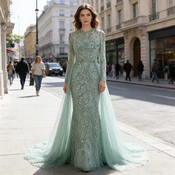 Eshault&bridal Evening Dress for Women Long Sleeves Detachable Train Beads Mermaid Formal Prom Wedding Party Gown Customized