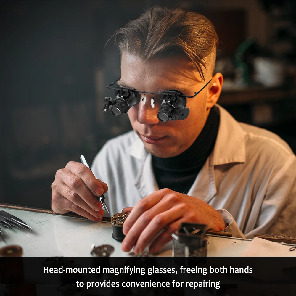 20X Magnifying Glasses Head Loupe with LED Light Head-mounted Magnifier Binocular Loupe for Hands-free Repairing Clock Watch