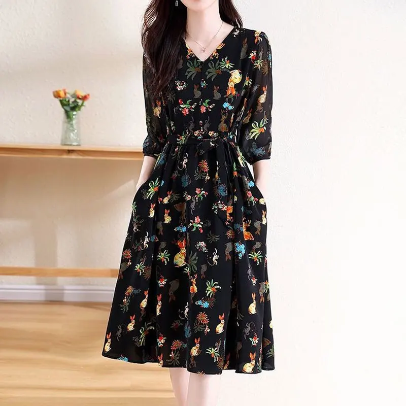 Women\'s Clothing Casual Printed Midi Dress Vintage A-Line Spring Summer New 3/4 Sleeve Fashion V-Neck Elegant Drawstring Dresses