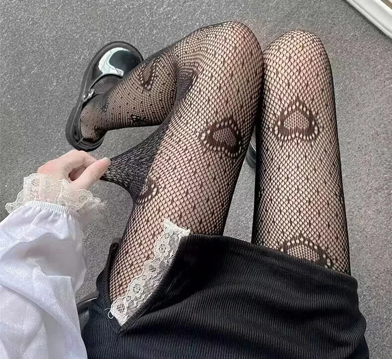 

black heart fishnet tights, sheer lace pantyhose summer, y2k instagram tights, anti-snag pantyhose, breathable sheer stocking