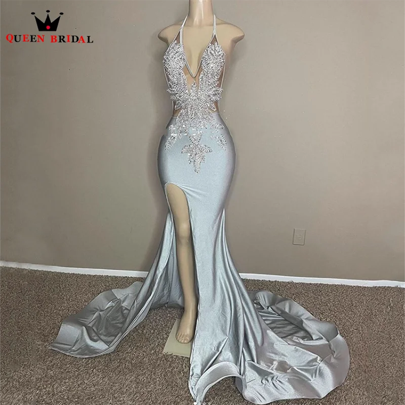 Mermaid Prom Dresses 2023 Sexy Halter Deep V Neck Side High Slit Prom Gowns Appliques Beaded Backless robe de bal Customize DT09