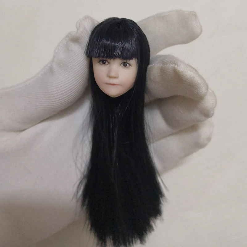 1/6  Lovely Child Head straight bangs Head Sculpt Black Long Hair Asia little cute Girl Head for 12