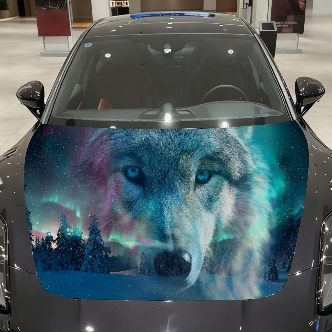 

Galaxy Snow Wolf Car Vinyl Wrap, PVC Material Waterproof Car Hood Sticker, Self-Adhesive Scratch-Resistant Stickers for Engine C