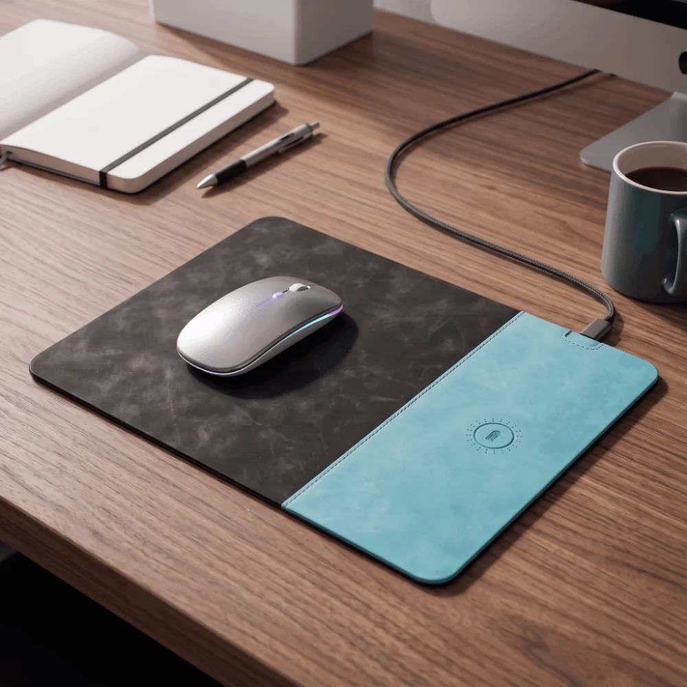 15W Fast Charging Wireless Charging Mouse Pad Non-slip 2 in 1 2 in 1 Mouse Pad Simple Styled PU Leather