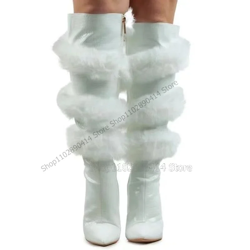 Botki z futerkiem, szpiczaste, za kolano, zapinane na zamek z boku, damskie buty, szpilki, wysokie obcasy, nowatorska moda, seksowne, 2023, zapatos para mujer.