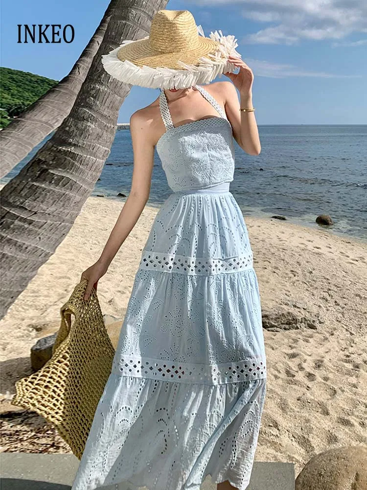 

Sexy Beach 2 Piece set Embroidered Lace crop tops and Long skirt Blue 2025 Summer Sleeveless tank tops Hollow out INKEO 5D079