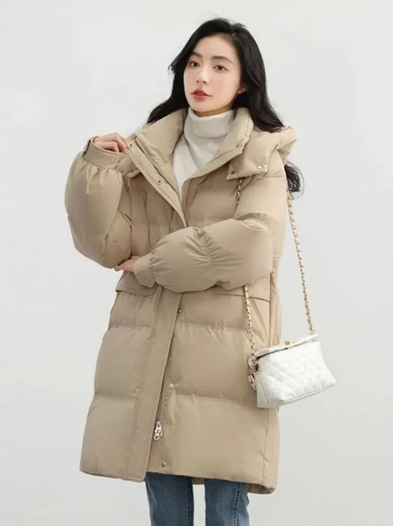 Chaqueta de plumón de invierno para mujer, abrigo liso a la moda con cuello levantado, chaquetas elegantes con capucha para mujer, Parka cálida 2024