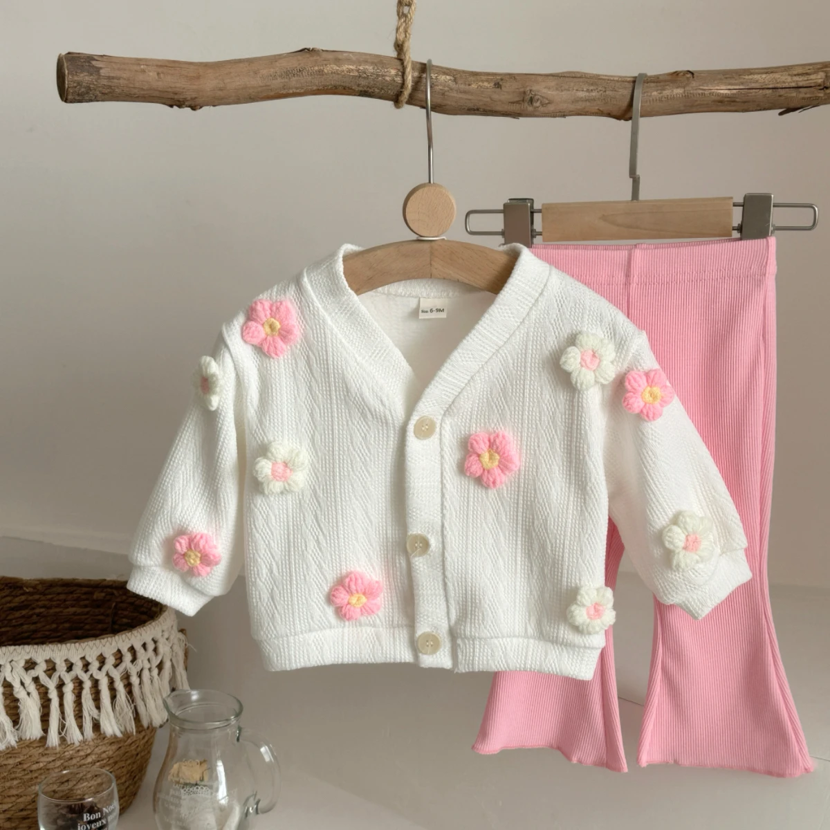 Girls 0-3 Years Cute Ten Three-dimensional Small Flower Knitted Button Sweater+bell Bottom Pants Set Baby Fall Winter Clothes