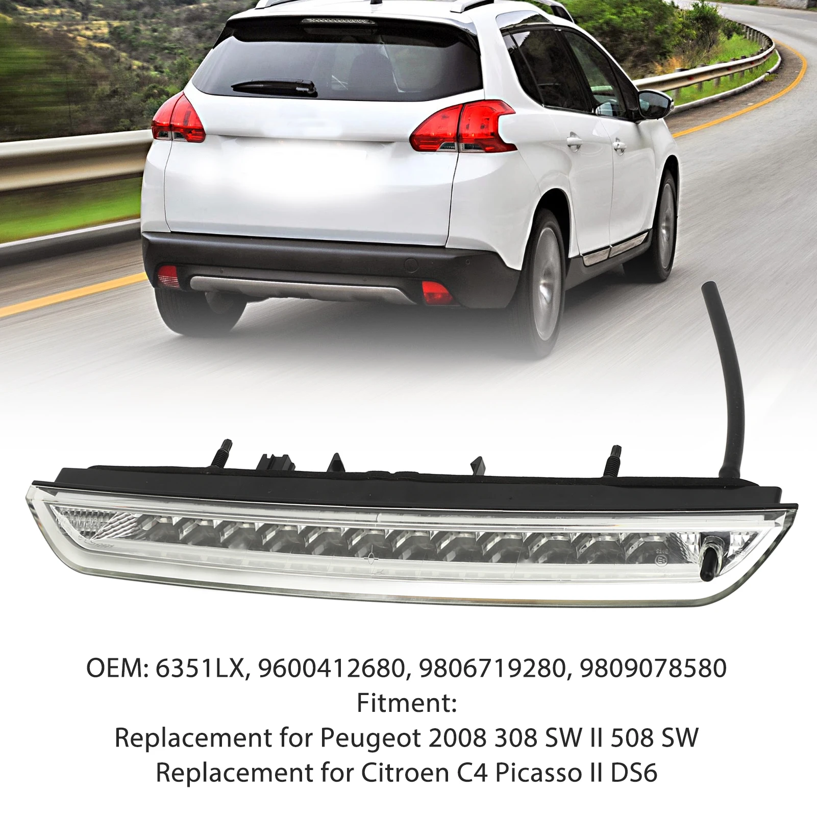 ارتفاع جبل ضوء الفرامل 15 واط 12 فولت 6351LX 3rd وقف مصباح استبدال لبيجو 2008 308 SW II 508 SW ضوء الفرامل الثالث