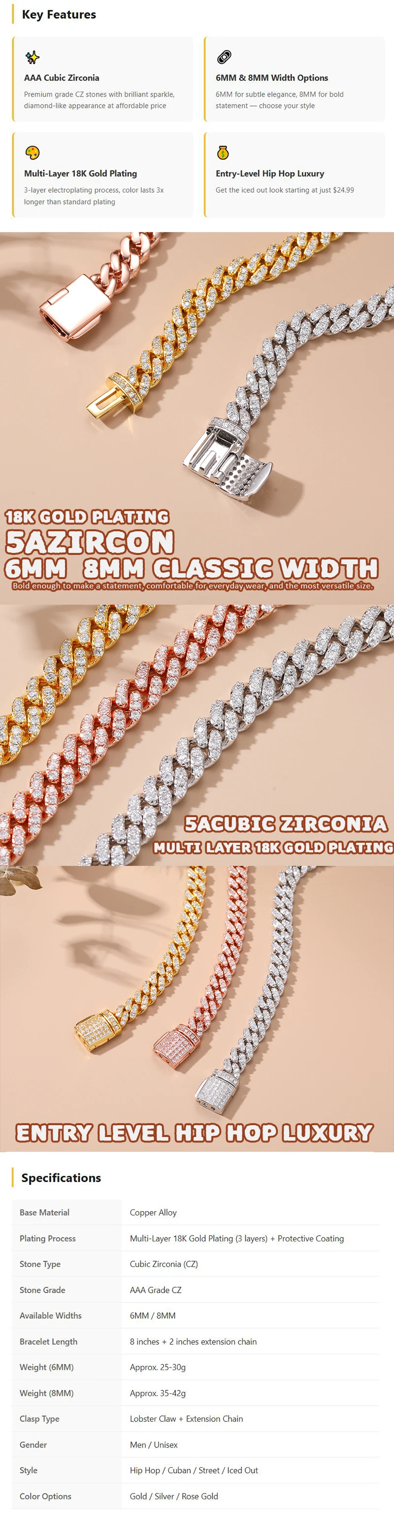 TUHE 6mm 8mm Width Fashion Miami Cuban Chain Necklace For Women Men's Hip Hop Jewelry Copper Cubic Zirconia Necklace Party Gi