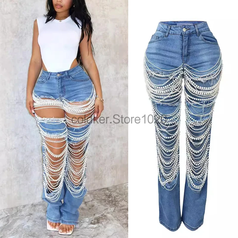 

Новые женские модные рваные джинсы с жемчугом и бисером, широкие джинсы с кисточками, летние джинсовые узкие брюки с рваными дырками Y2K