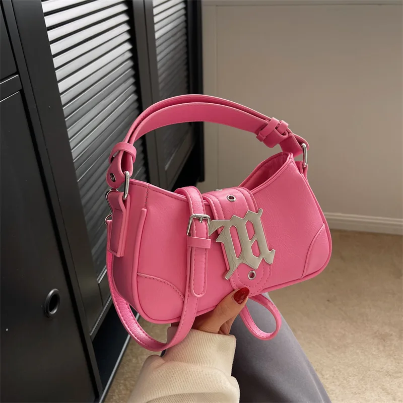 Cute Y2K Pink Leather Underarm Designer Fashion Women\'s Bag Zipper Hasp Classic French Style Handbag French 2023 New Long Strap