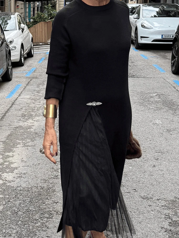 

Весенне-осенний новый женский комплект для поездок на работу, элегантные комплекты с длинными рукавами, модные однотонные свободные вязаные длинные топы и сетчатые юбки, комплекты