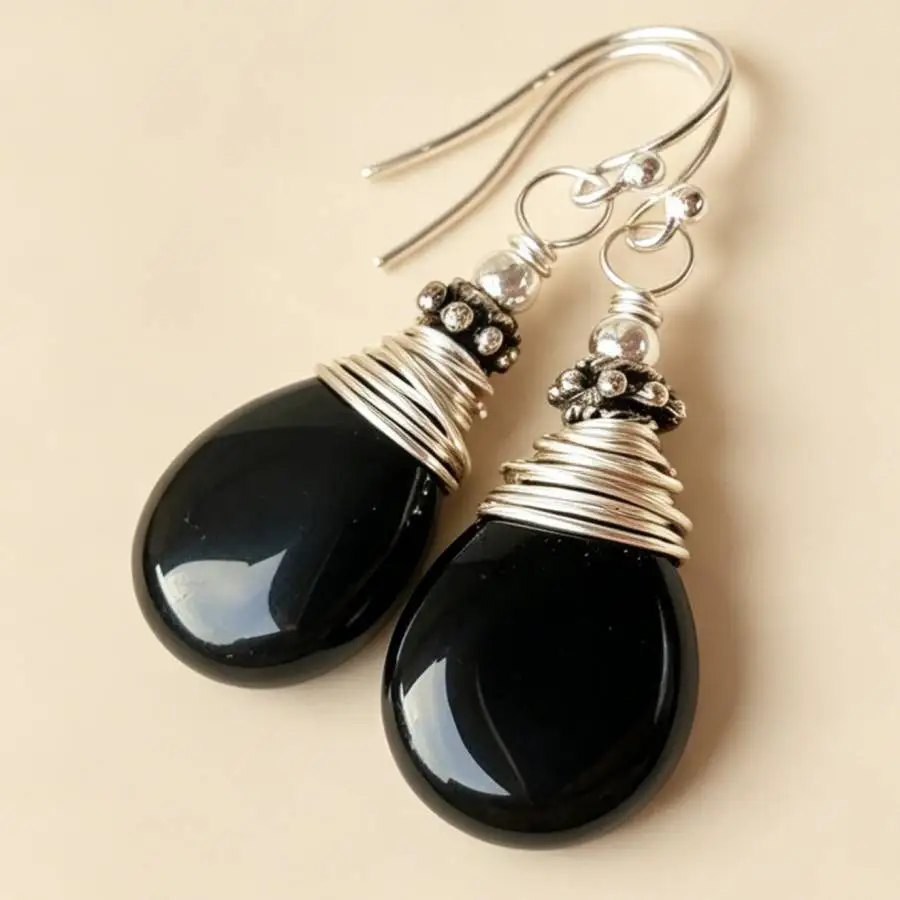 Vintage Wire Wrapped Teardrop Black Earrings Women Silver Color Hook Drop Earrings Ethnic Boho Style Jewelry Accessories