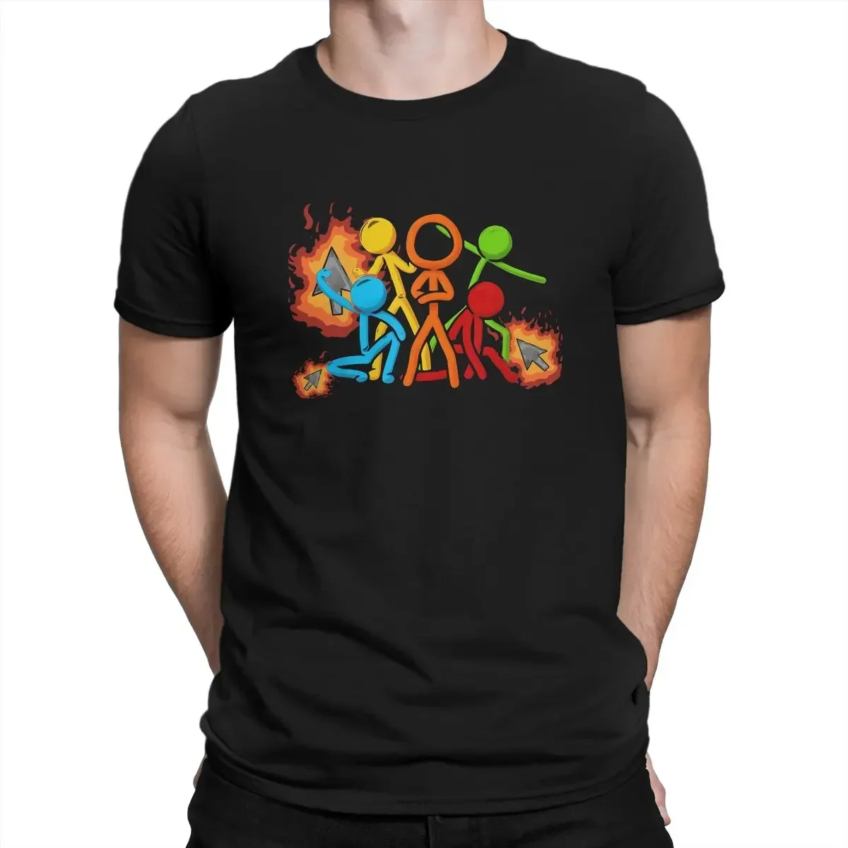 

Five Stick Figures with Fire Mouse Pickaxe Unique TShirt Alan Becker Game Casual T Shirt Hot Sale T-shirt For Men Women